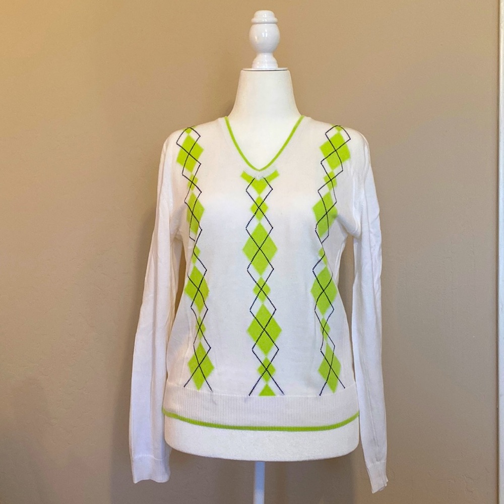 Burberry White and Lime Green Argyle V-Neck Sweater